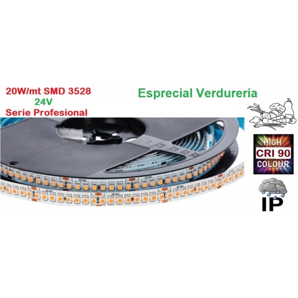 Tira LED 5 mts Flexible 24V 20W/mt 192 Led SMD 3528/mt IP65 Especial Vegetales, Serie Profesional IRC >90